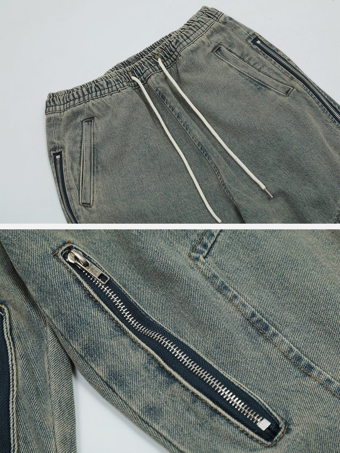 Helmiss - Multi Zipper Washed Jeans- Streetwear Fashion - helmiss.com