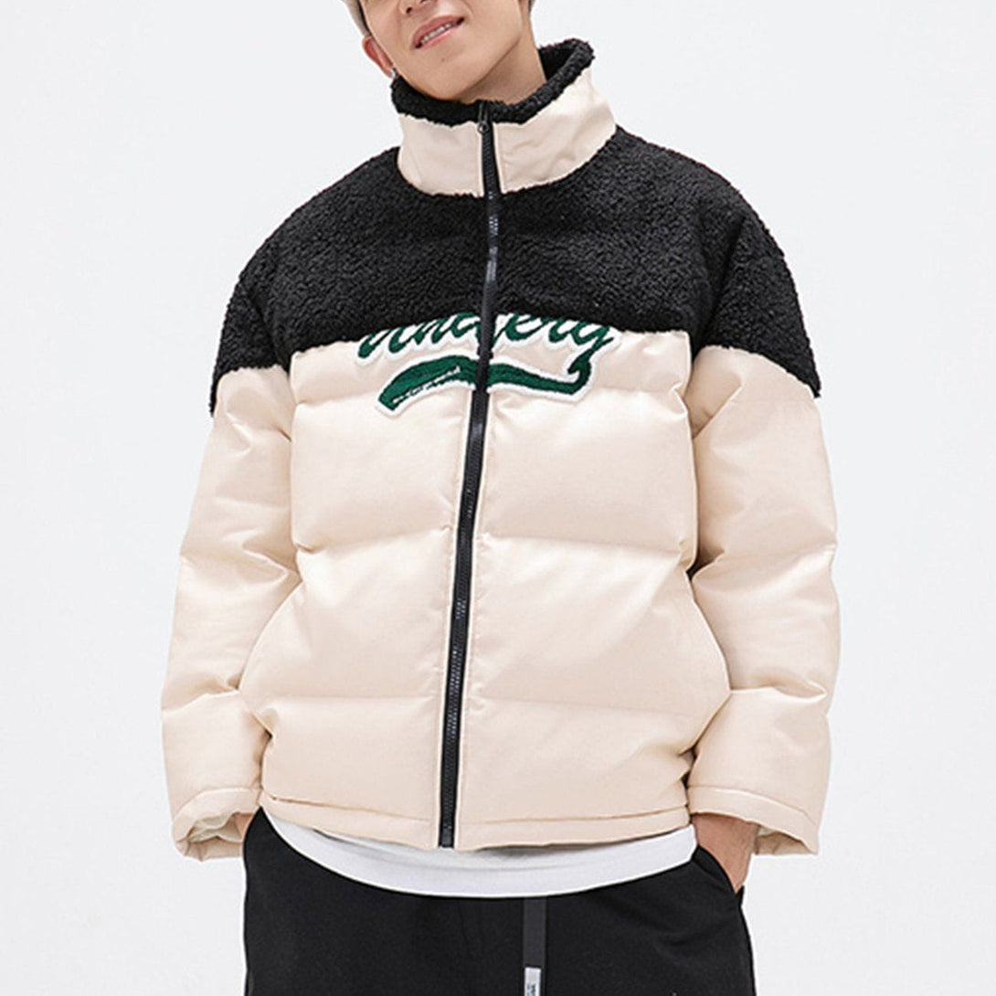 Helmiss - PU Leather Stitching Sherpa Embroidery Winter Coat- Streetwear Fashion - helmiss.com