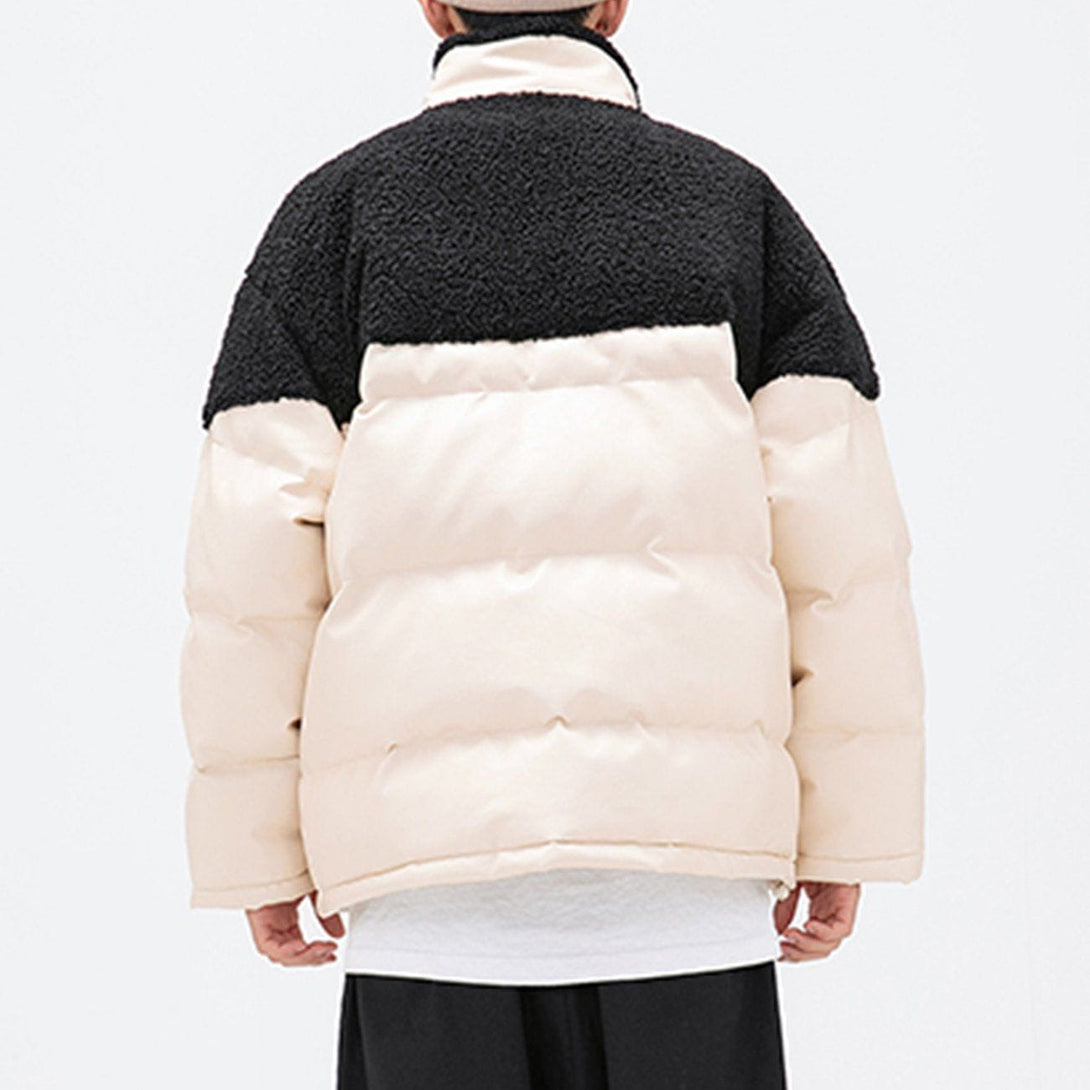 Helmiss - PU Leather Stitching Sherpa Embroidery Winter Coat- Streetwear Fashion - helmiss.com