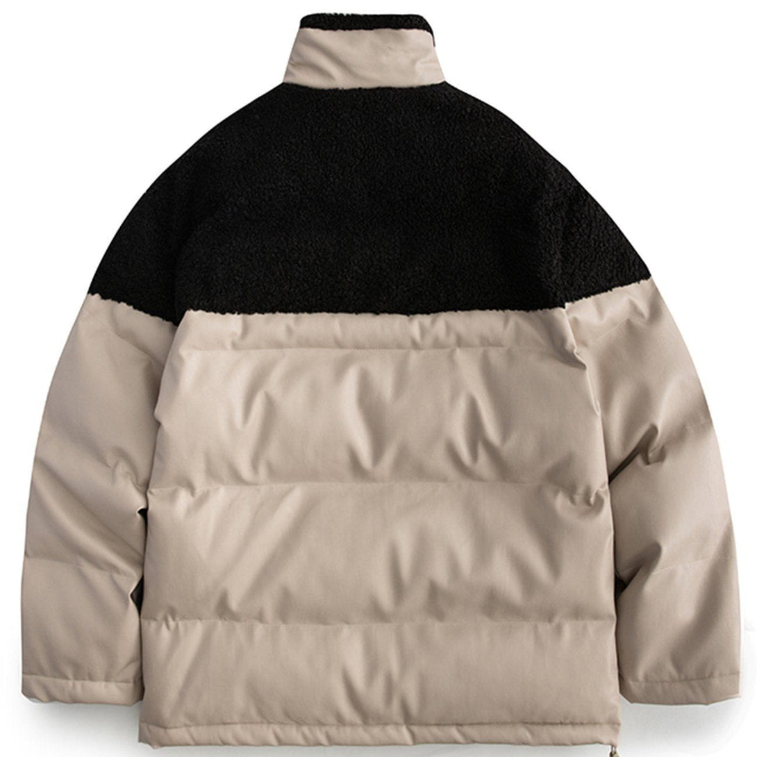 Helmiss - PU Leather Stitching Sherpa Embroidery Winter Coat- Streetwear Fashion - helmiss.com