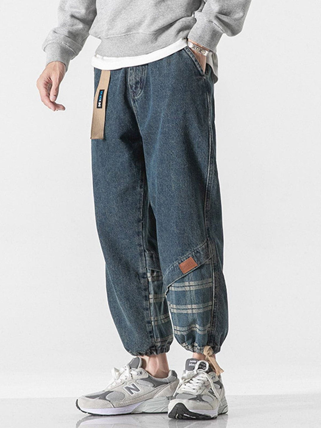 Helmiss - Panelled Plaid Belt Embellished Jeans- Streetwear Fashion - helmiss.com