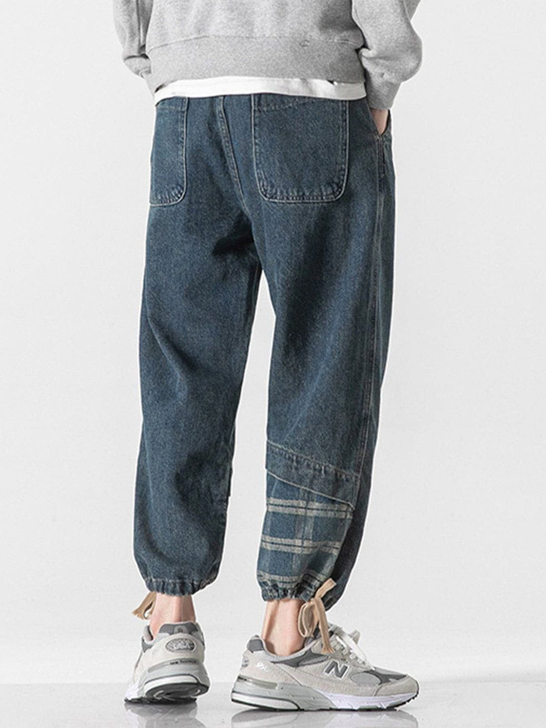 Helmiss - Panelled Plaid Belt Embellished Jeans- Streetwear Fashion - helmiss.com