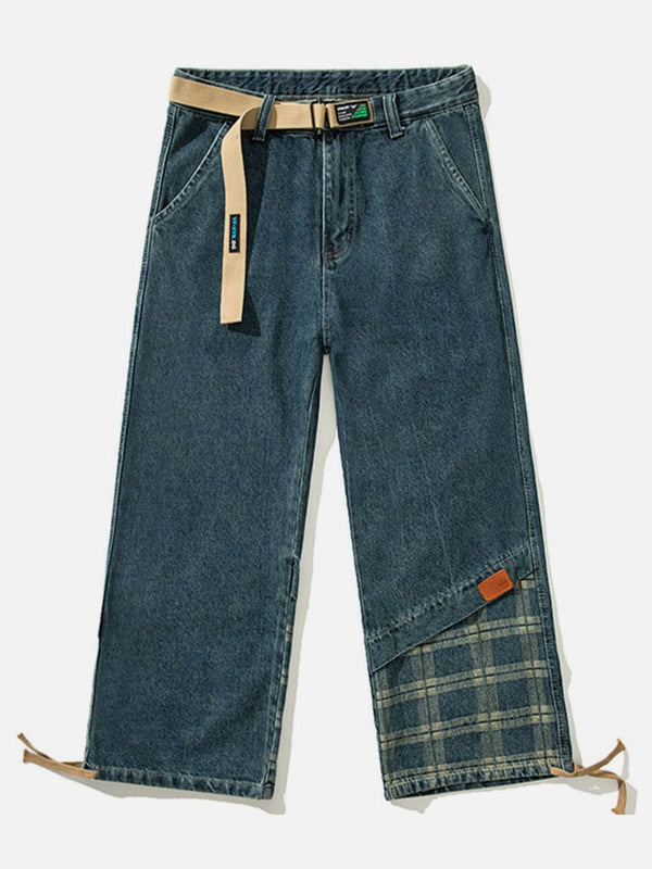 Helmiss - Panelled Plaid Belt Embellished Jeans- Streetwear Fashion - helmiss.com