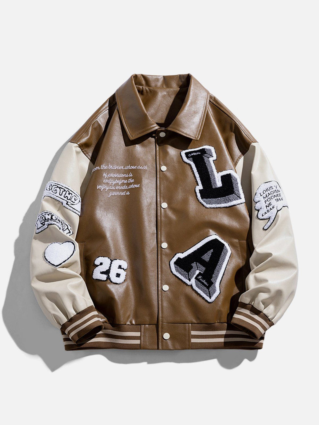 Helmiss - Patchwork Flocking Letter PU Jacket- Streetwear Fashion - helmiss.com