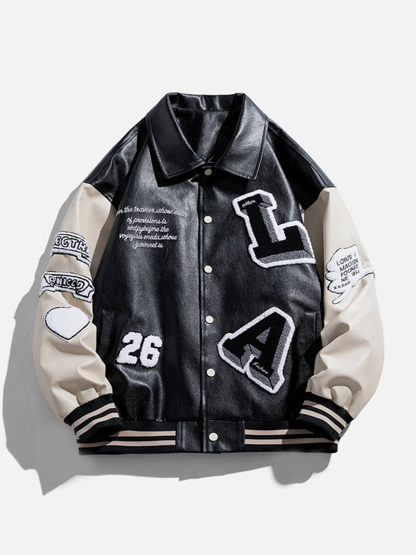 Helmiss - Patchwork Flocking Letter PU Jacket- Streetwear Fashion - helmiss.com