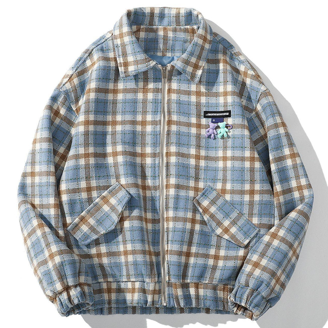 Helmiss - Plaid Bear Charm Winter Coat- Streetwear Fashion - helmiss.com