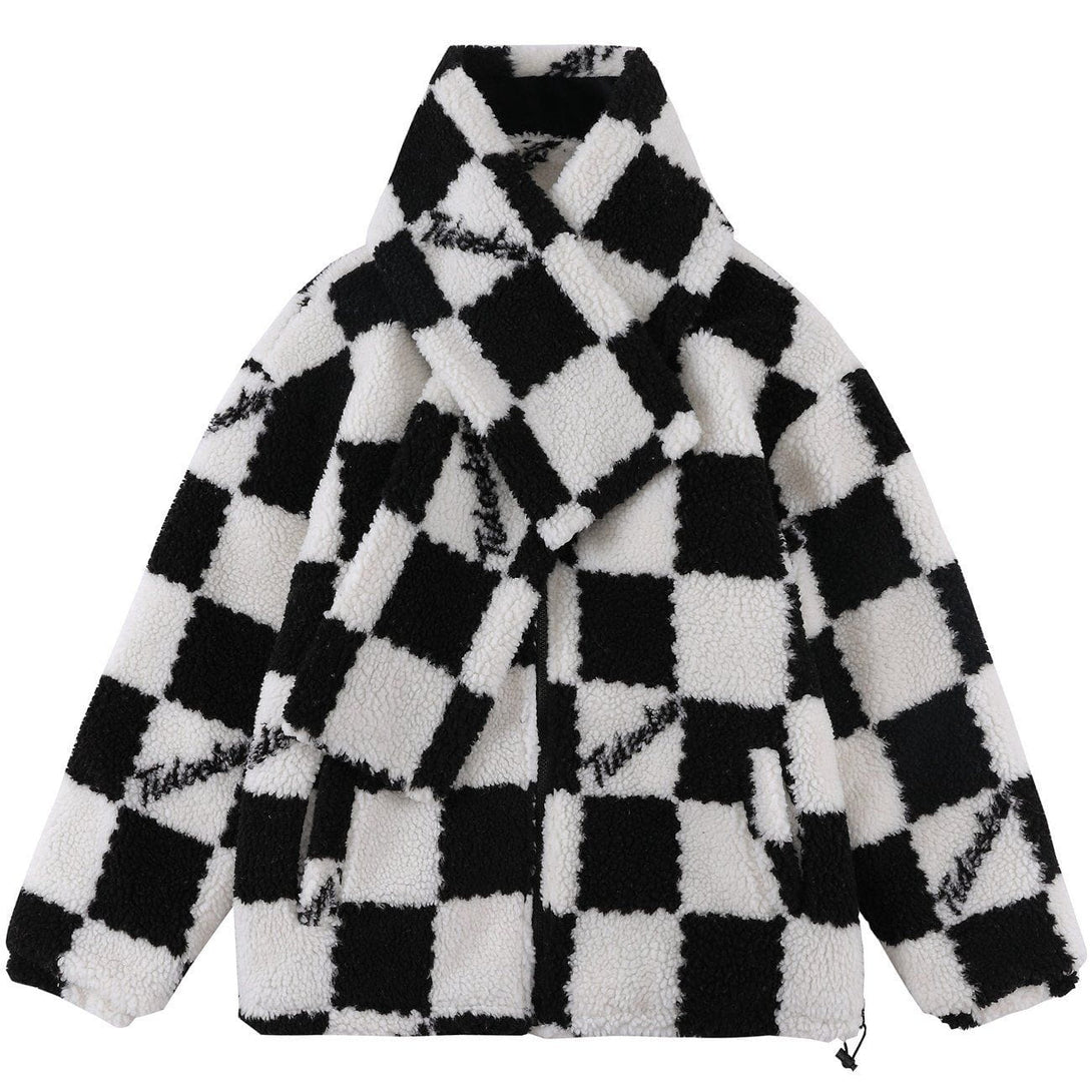 Helmiss - Plaid Scarf Collar Sherpa Winter Coat- Streetwear Fashion - helmiss.com