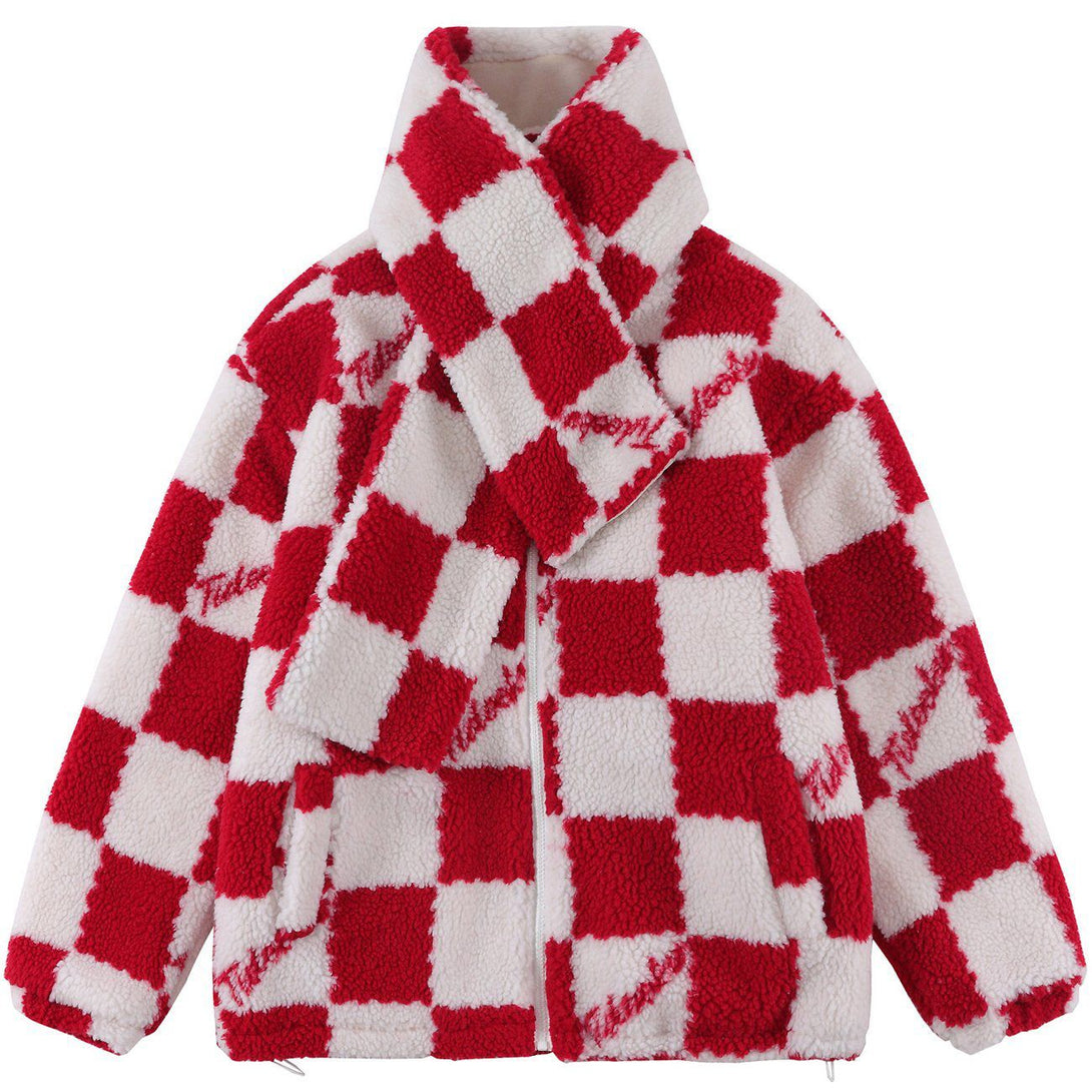 Helmiss - Plaid Scarf Collar Sherpa Winter Coat- Streetwear Fashion - helmiss.com