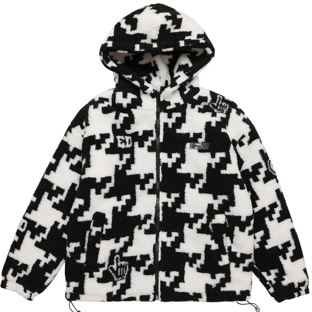 Helmiss - Puzzle Print Sherpa Winter Coat- Streetwear Fashion - helmiss.com