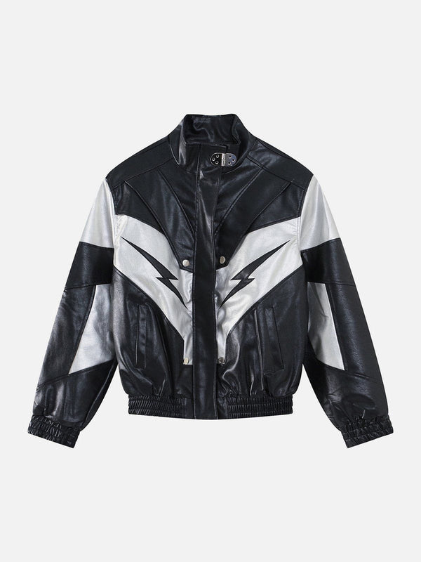 Helmiss - Racing Contrast Panel Lightning Leather Jacket- Streetwear Fashion - helmiss.com