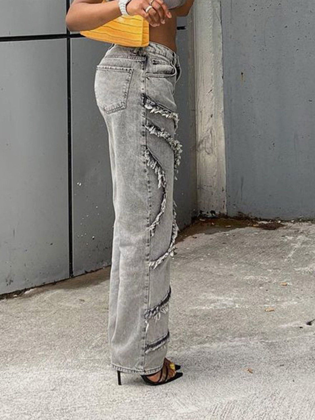 Helmiss - Raw edge Patchwork High Rise Straight Leg Jeans- Streetwear Fashion - helmiss.com