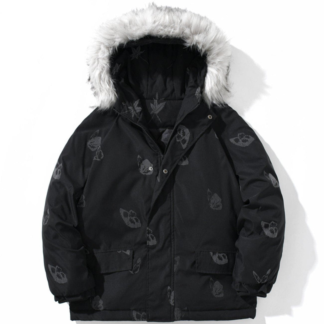 Helmiss - Reflective Butterfly Fur Collar Hooded Winter Coat- Streetwear Fashion - helmiss.com