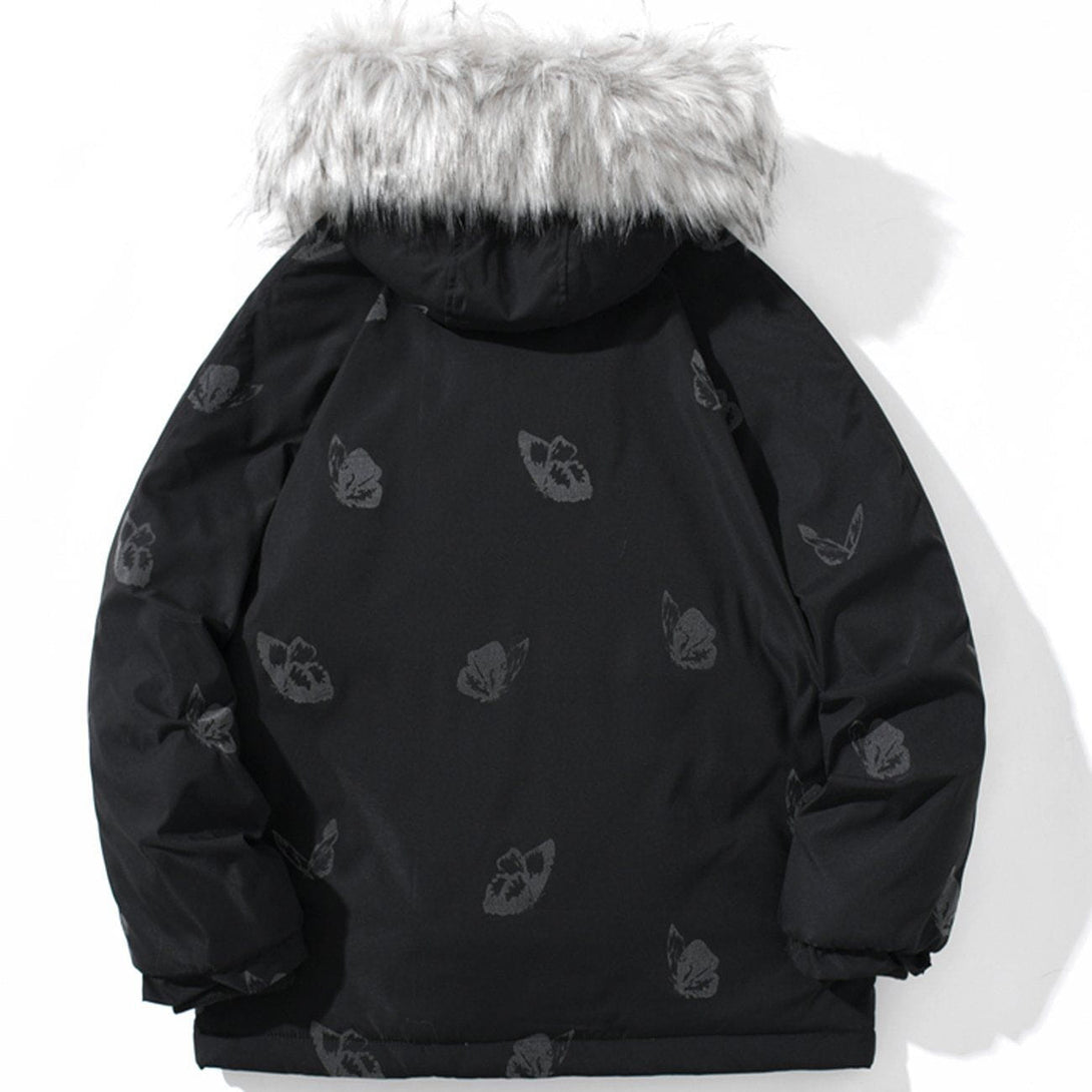 Helmiss - Reflective Butterfly Fur Collar Hooded Winter Coat- Streetwear Fashion - helmiss.com