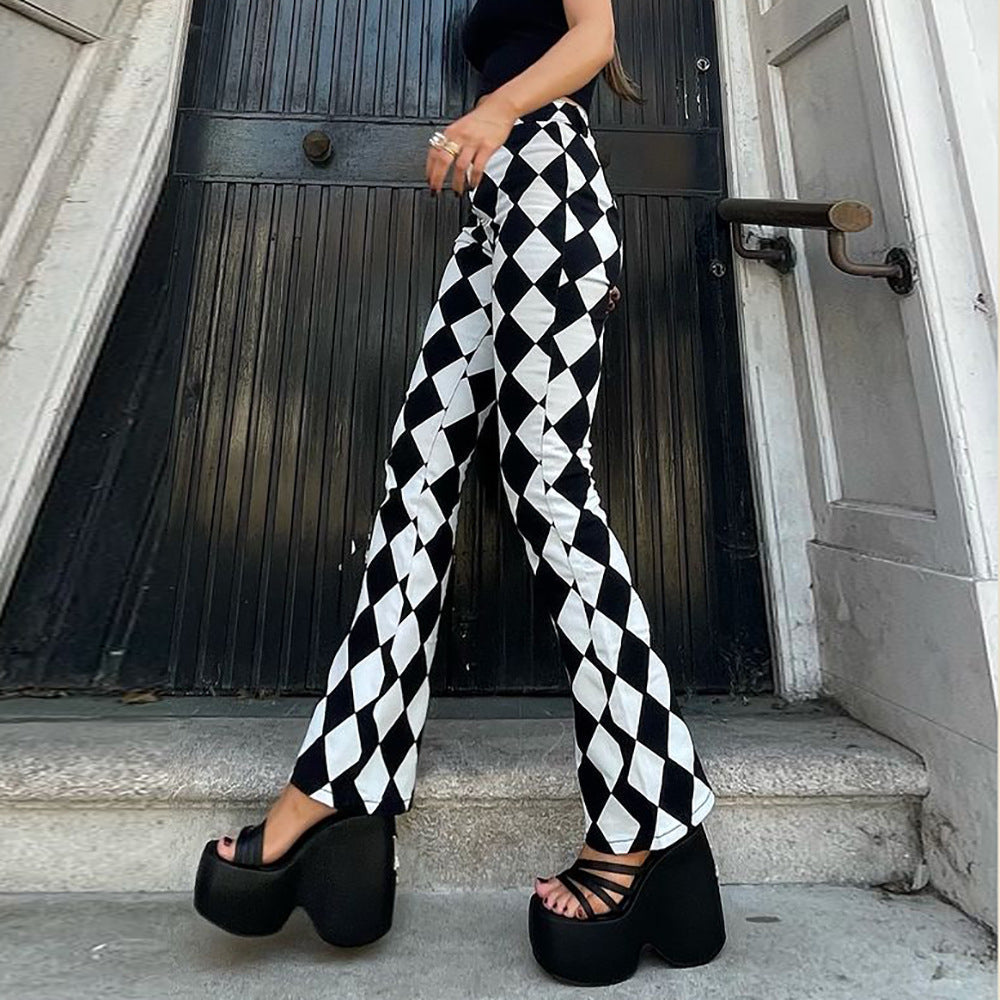 Helmiss - Retro Checkerboard Micro Flare And Wide Jeans- Streetwear Fashion - helmiss.com