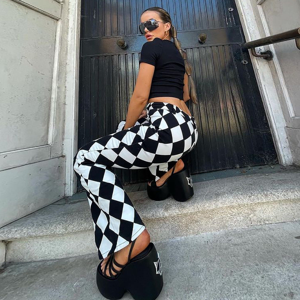 Helmiss - Retro Checkerboard Micro Flare And Wide Jeans- Streetwear Fashion - helmiss.com