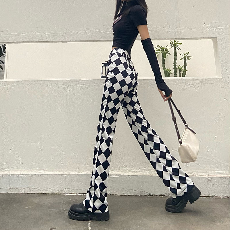 Helmiss - Retro Checkerboard Micro Flare And Wide Jeans- Streetwear Fashion - helmiss.com