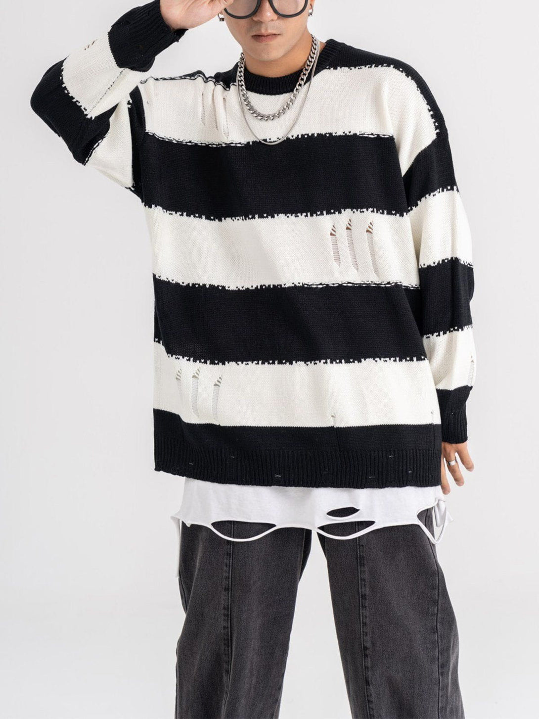 Helmiss - Ripped Stripes Jacquard Knit Sweater- Streetwear Fashion - helmiss.com