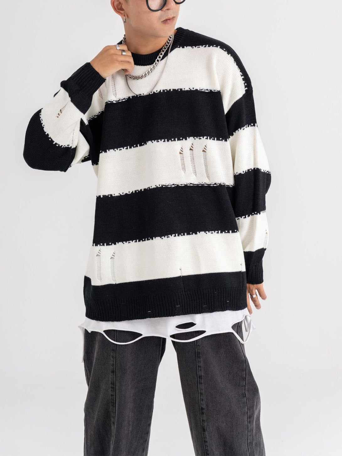 Helmiss - Ripped Stripes Jacquard Knit Sweater- Streetwear Fashion - helmiss.com