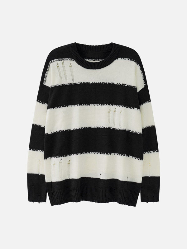 Helmiss - Ripped Stripes Jacquard Knit Sweater- Streetwear Fashion - helmiss.com