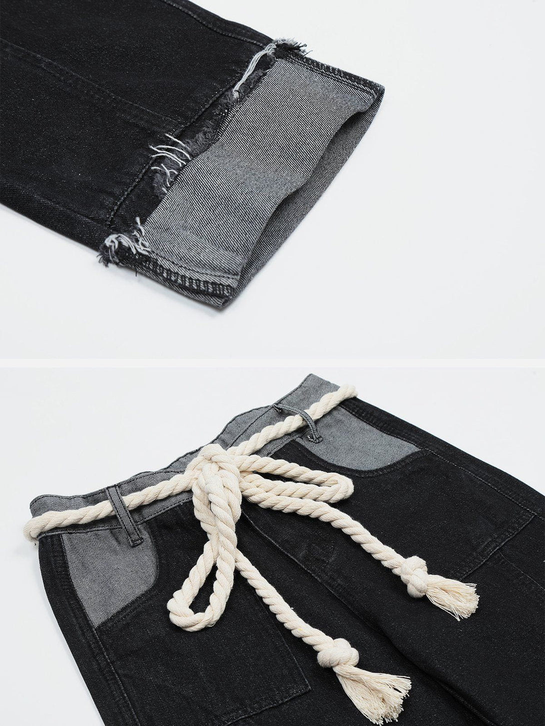 Helmiss - Rope Belt Patchwork Jeans- Streetwear Fashion - helmiss.com