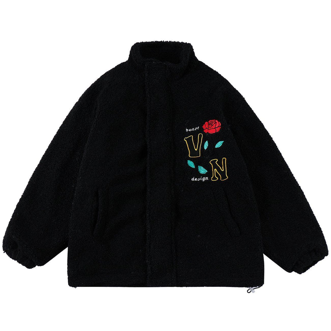 Helmiss - Rose Embroidered Sherpa Winter Coat- Streetwear Fashion - helmiss.com