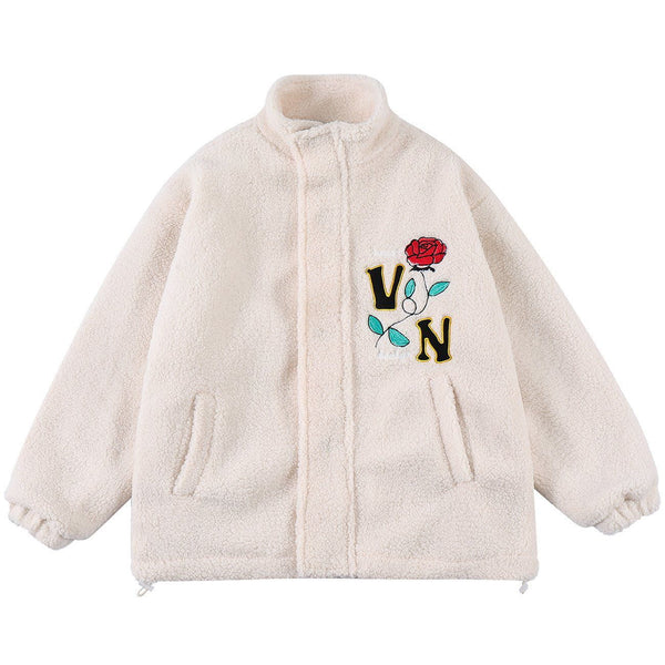 Helmiss - Rose Embroidered Sherpa Winter Coat- Streetwear Fashion - helmiss.com