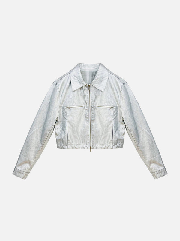 Helmiss - Shiny Silver Cropped Jacket- Streetwear Fashion - helmiss.com