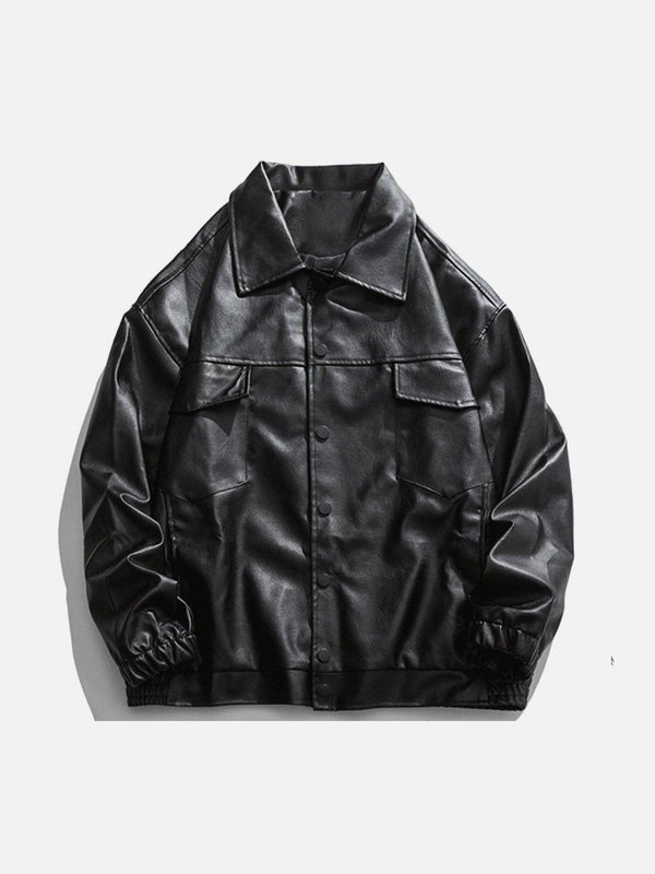 Helmiss - Solid Color Lapel PU Jacket- Streetwear Fashion - helmiss.com