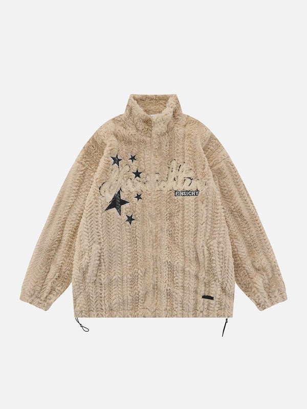 Helmiss - Solid Star Embroidered Sherpa Coat- Streetwear Fashion - helmiss.com