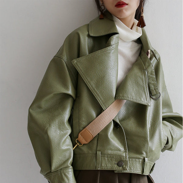 Helmiss - Spring Autumn Green Leather Jacket- Streetwear Fashion - helmiss.com