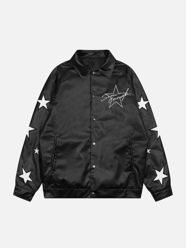 Helmiss - Star Embroidery Leather Jacket- Streetwear Fashion - helmiss.com