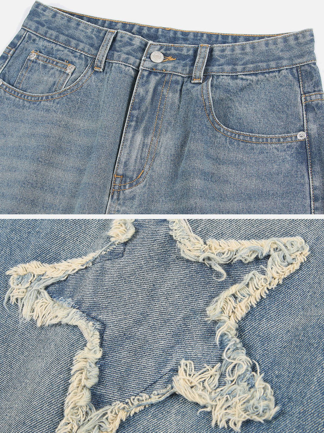 Helmiss - Star Fringe Washed Jeans- Streetwear Fashion - helmiss.com