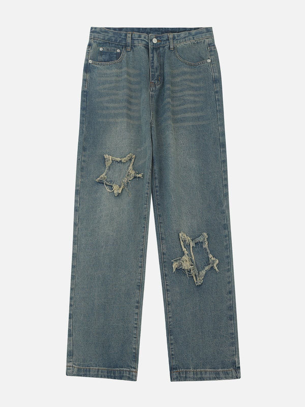 Helmiss - Star Patchwork Washed Jeans- Streetwear Fashion - helmiss.com