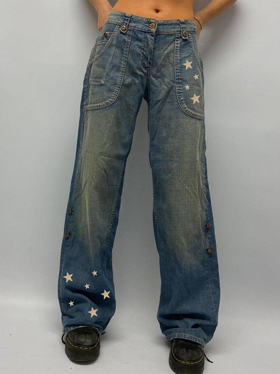 Helmiss - Star Print Low Rise Straight Leg Jeans- Streetwear Fashion - helmiss.com