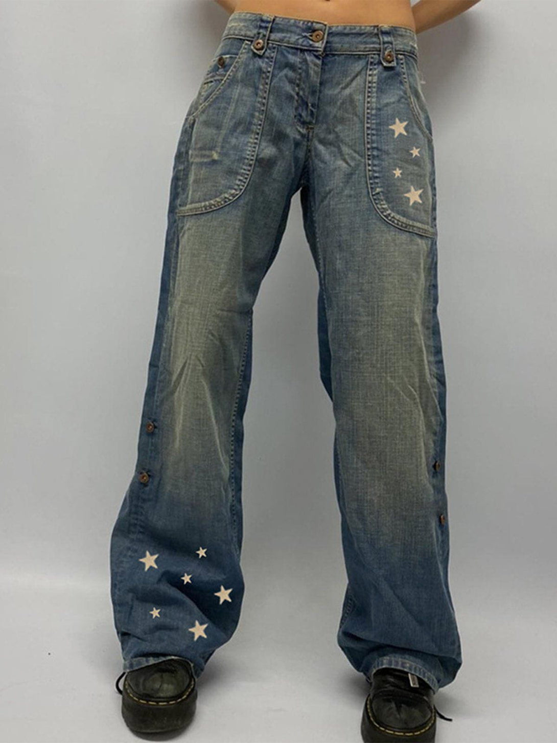 Helmiss - Star Print Low Rise Straight Leg Jeans- Streetwear Fashion - helmiss.com