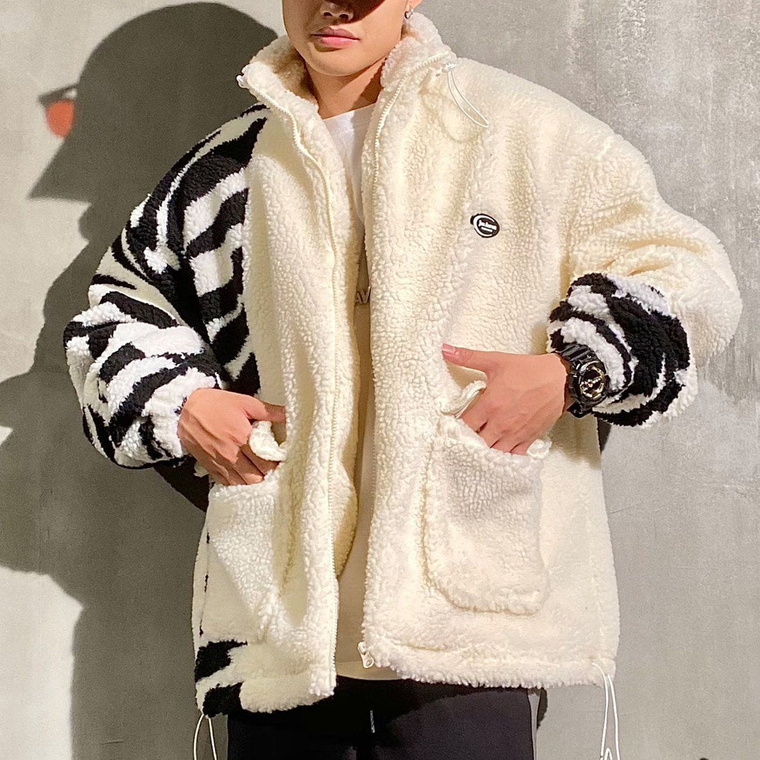 Helmiss - Stitching Zebra Pattern Sherpa Winter Coat- Streetwear Fashion - helmiss.com