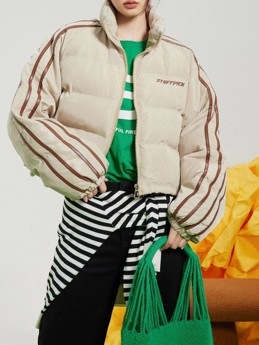 Helmiss - Striped Cropped Winter Coat- Streetwear Fashion - helmiss.com