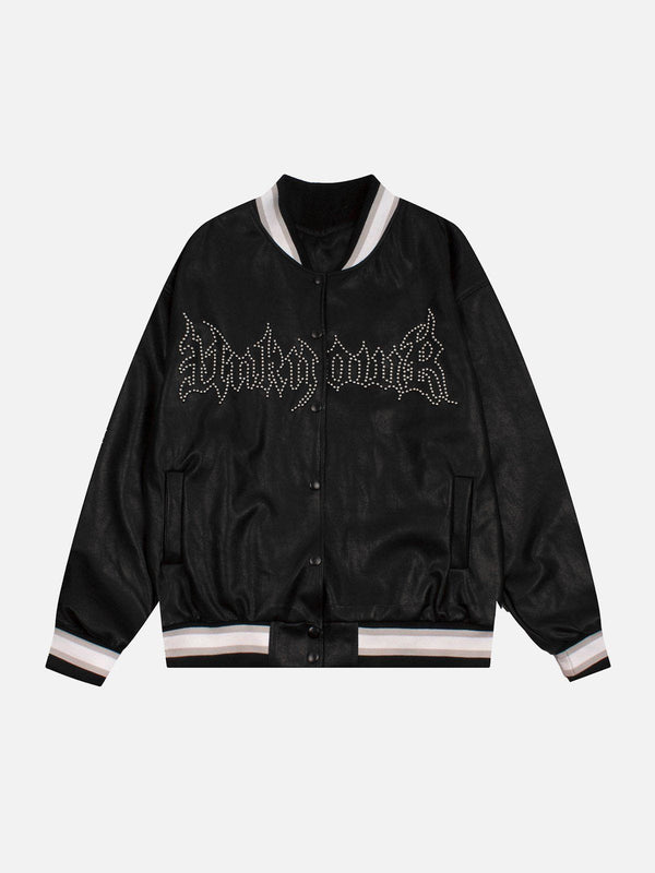 Helmiss - Studded Rose Print Varsity Jacket- Streetwear Fashion - helmiss.com