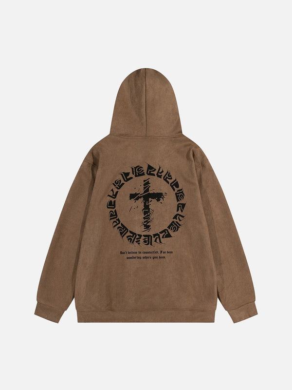 Helmiss - Suede Cross Print Hoodie- Streetwear Fashion - helmiss.com