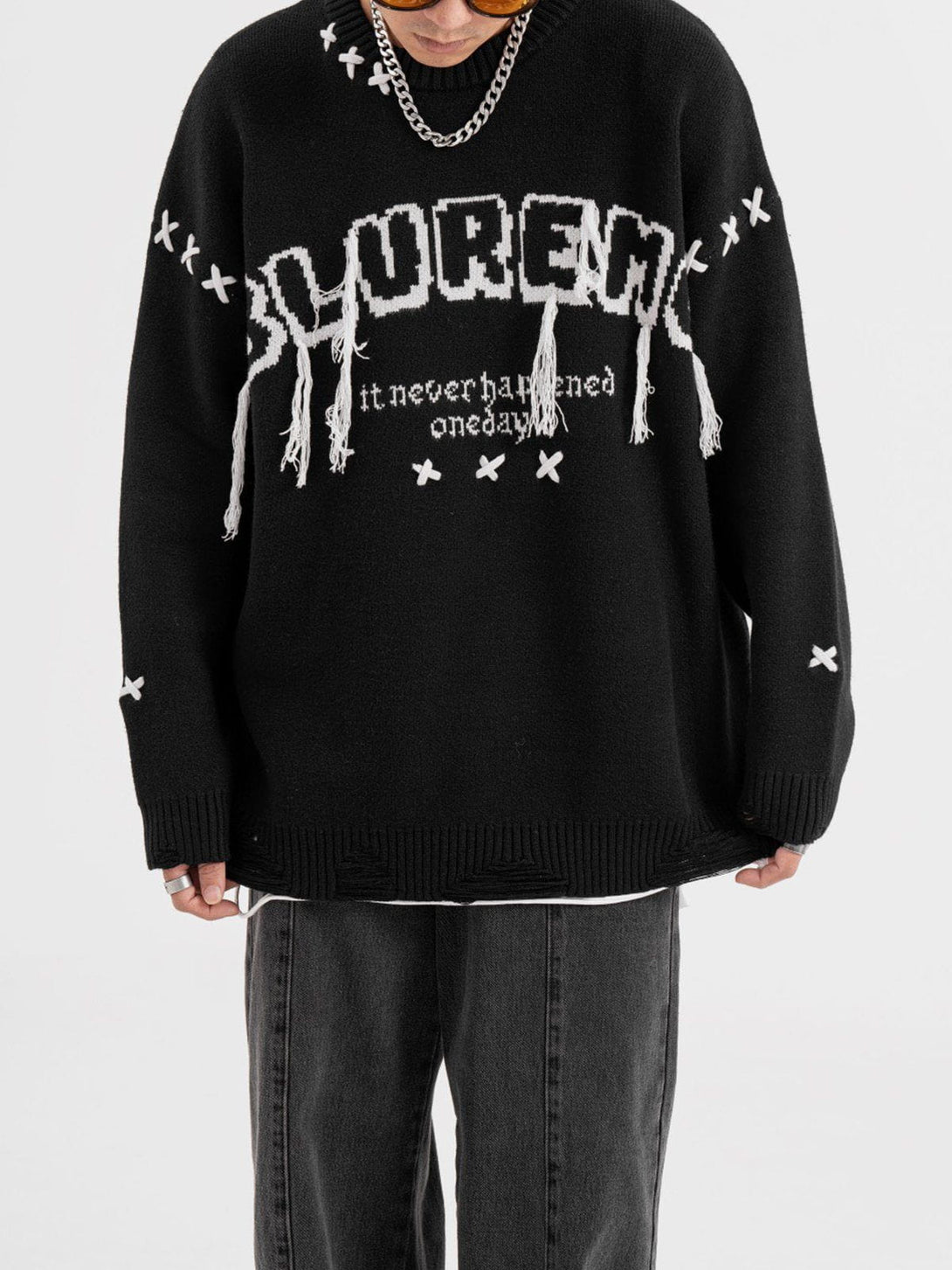 Helmiss - Tassel Letter Jacquard Sweater- Streetwear Fashion - helmiss.com