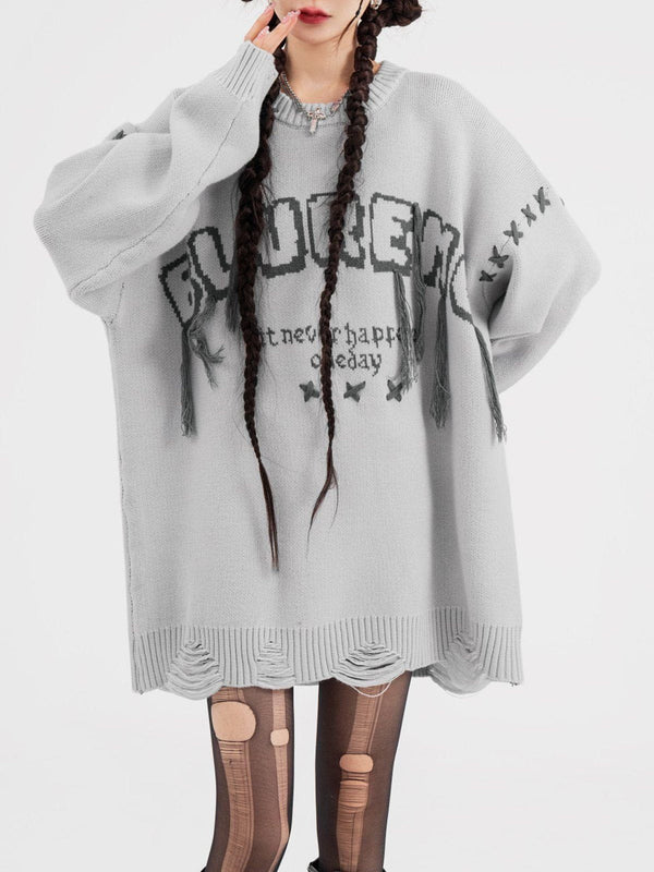 Helmiss - Tassel Letter Jacquard Sweater- Streetwear Fashion - helmiss.com