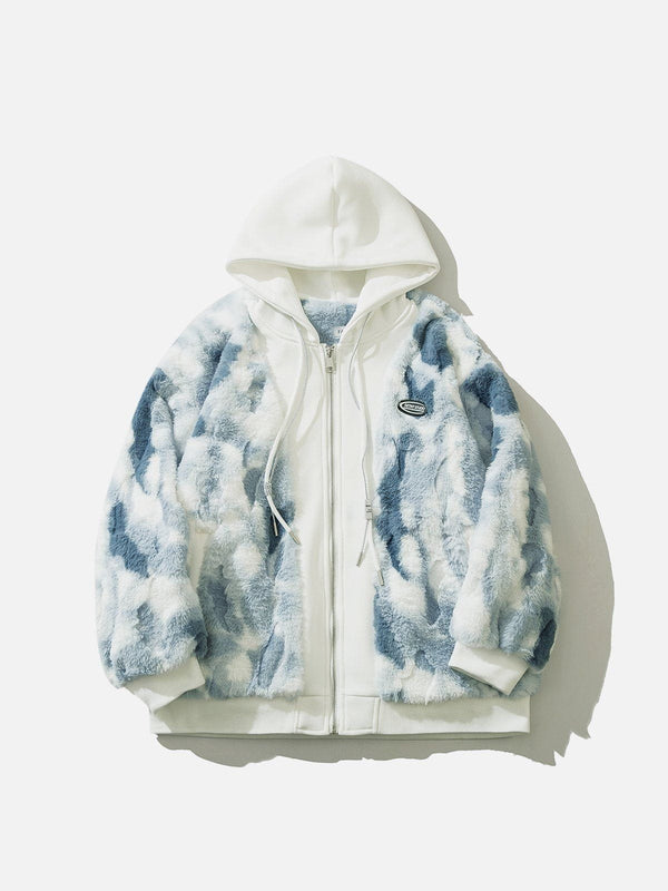 Helmiss - Tie Dye Fake Two Piece Sherpa Coat- Streetwear Fashion - helmiss.com