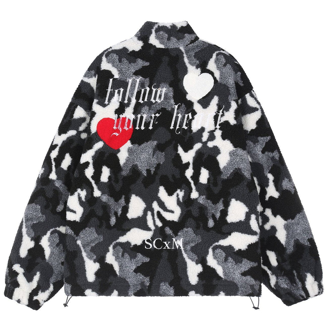 Helmiss - Vintage Camouflage Love Embroidery Sherpa Coat- Streetwear Fashion - helmiss.com