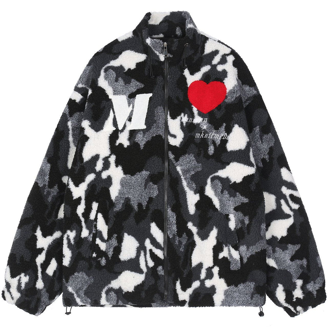 Helmiss - Vintage Camouflage Love Embroidery Sherpa Coat- Streetwear Fashion - helmiss.com