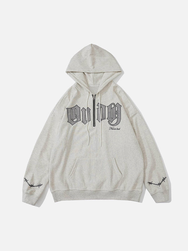 Helmiss - Vintage Curved Patch Embroidered Half-Zip Hoodie- Streetwear Fashion - helmiss.com