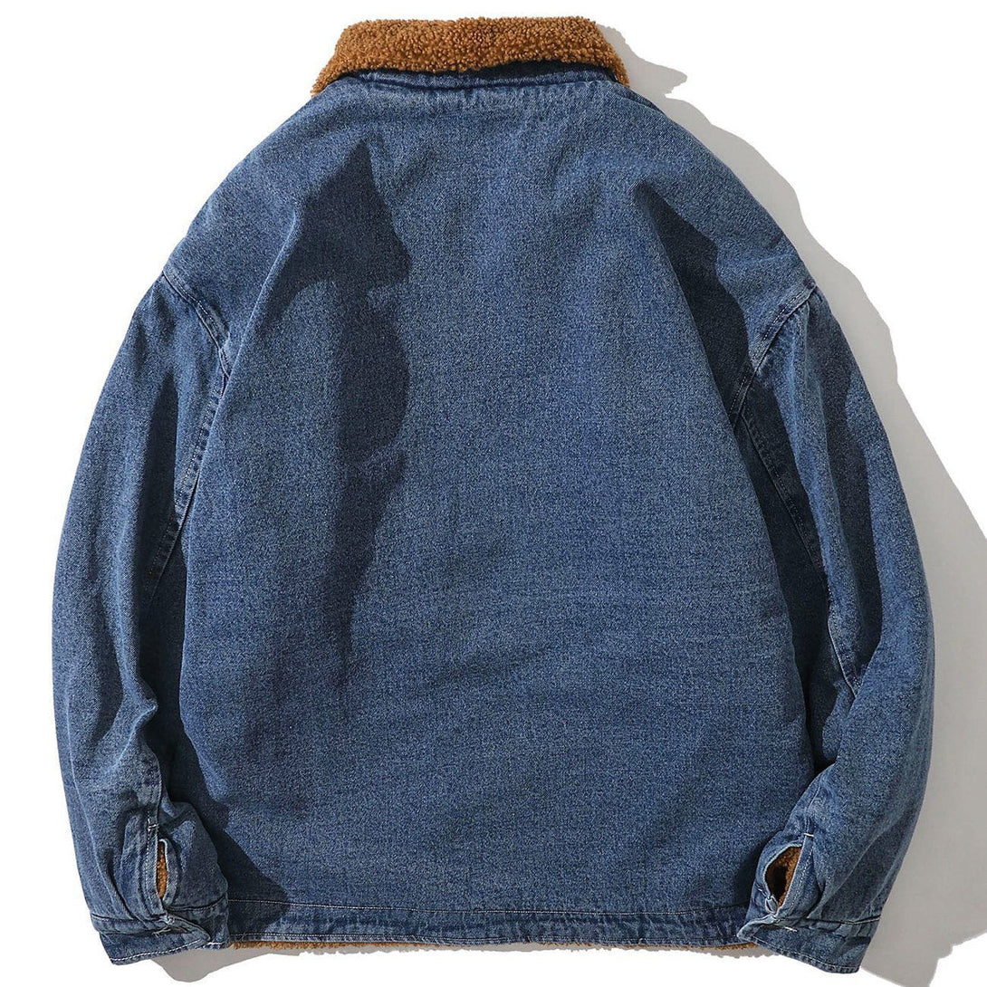 Helmiss - Vintage Denim Badge Sherpa Winter Coat- Streetwear Fashion - helmiss.com