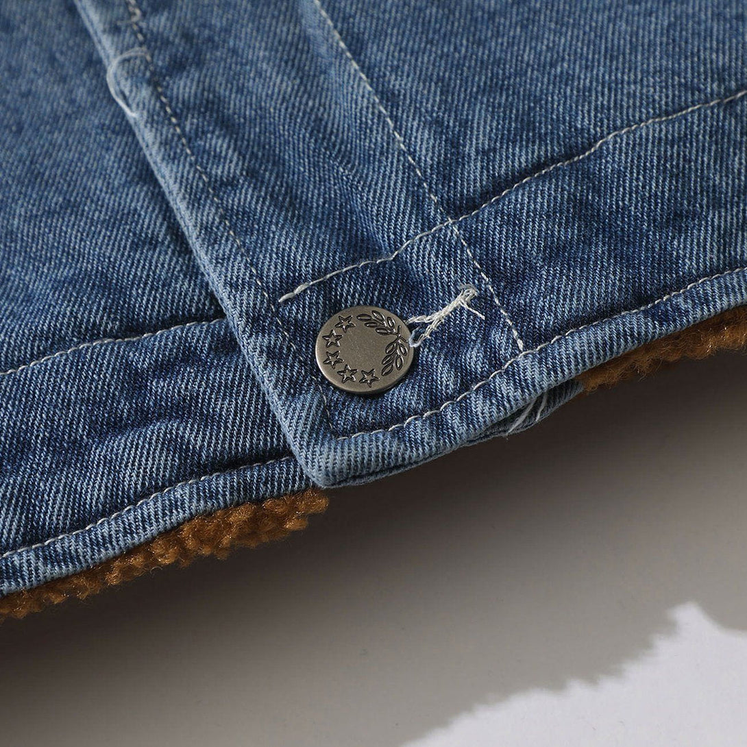 Helmiss - Vintage Denim Badge Sherpa Winter Coat- Streetwear Fashion - helmiss.com