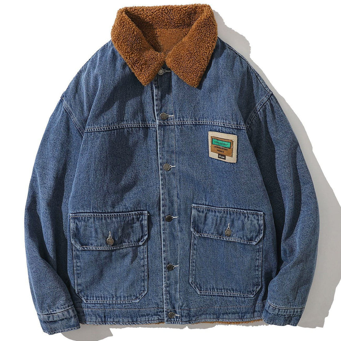 Helmiss - Vintage Denim Badge Sherpa Winter Coat- Streetwear Fashion - helmiss.com