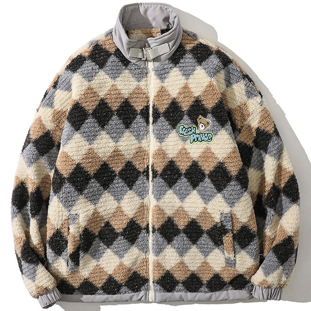 Helmiss - Vintage Diamond Bear Sherpa Coat- Streetwear Fashion - helmiss.com