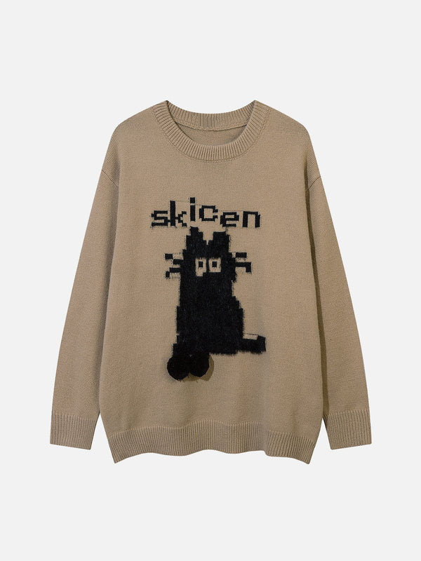 Helmiss - Vintage Flocked Cartoon Cat Sweater- Streetwear Fashion - helmiss.com